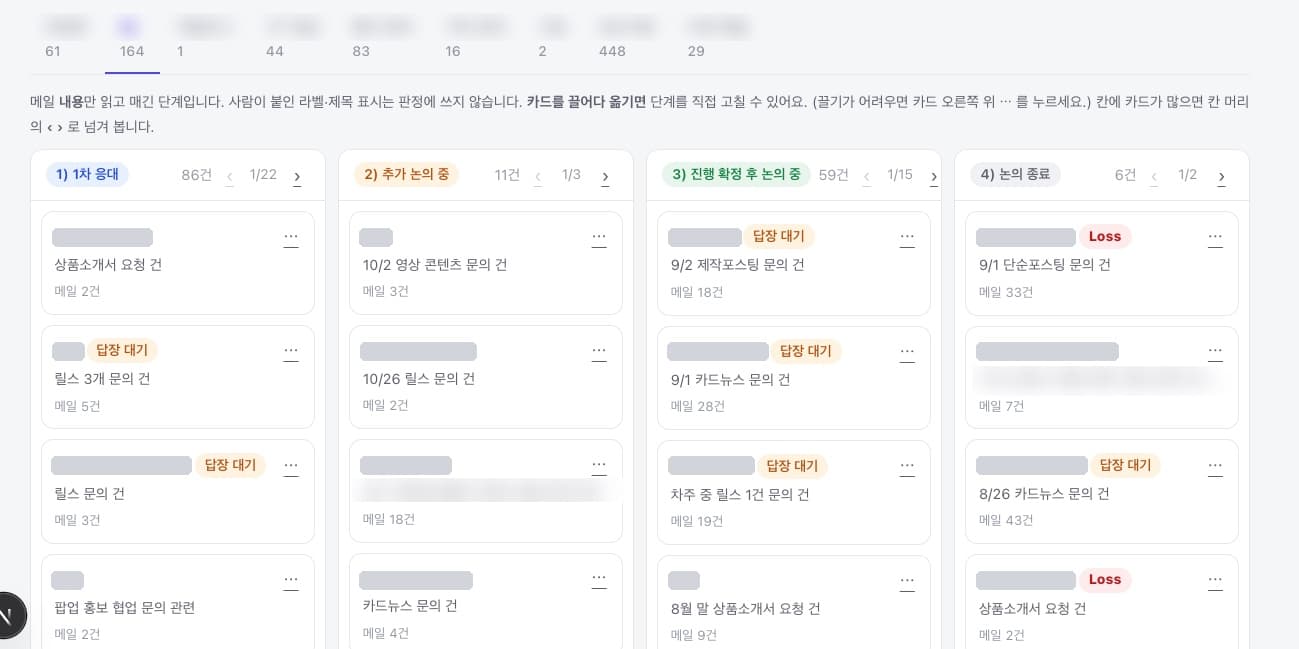 리더 대시보드 — 광고 딜이 1차 응대 · 추가 논의 중 · 진행 확정 후 · 논의 종료 네 칸에 카드로 나뉘고, 답장 대기 딜에 표시